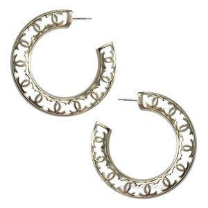 CHANEL Openwork Gold Cut Out CC Logo Hoop Pierced Earrings